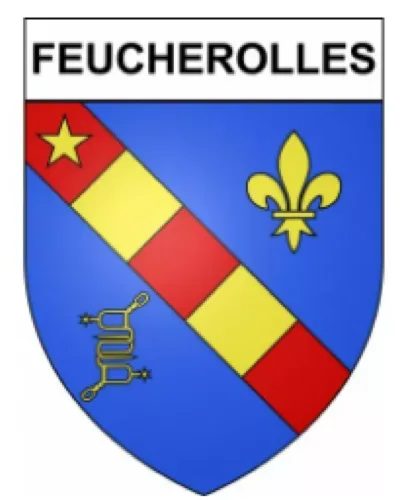 Blason de la commune de Feucherolles : écu bleu à la bande rouge bordée d'or